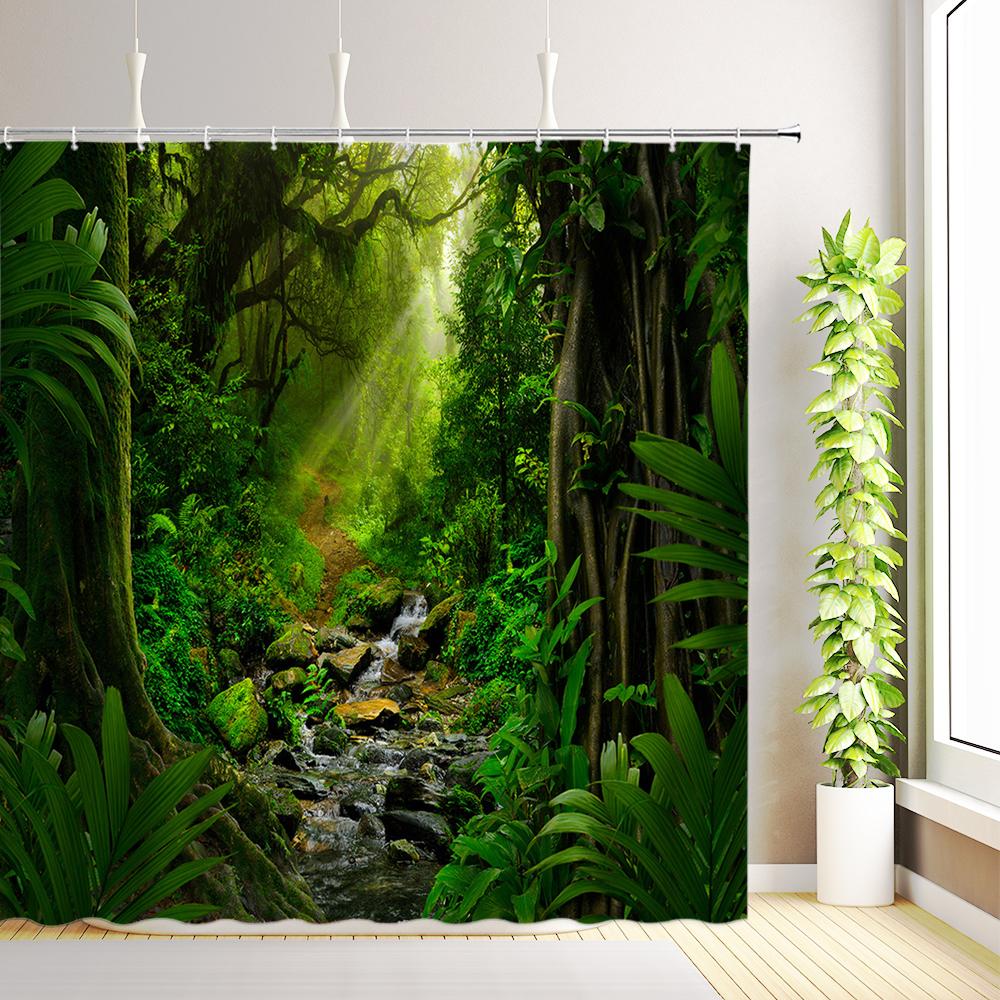 Forest Waterfall Nature Scenery Shower Curtain Flowers Green Plant Trees Birds Animals Home Decor Bathroom Curtains With Hooks