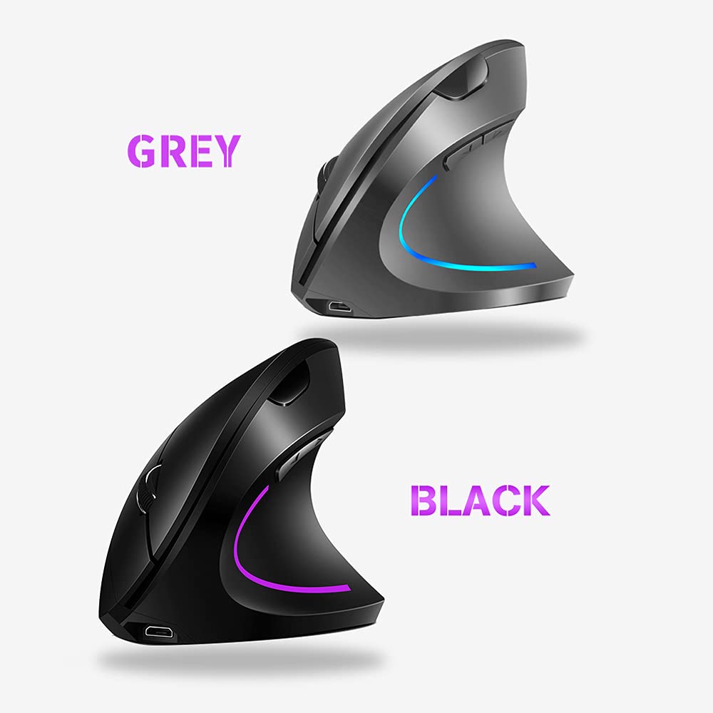 Vertical Mouse, 2.4G Rechargeable Upright Ergonomic Mouse with 3 Adjustable DPI Levels, RGB Fluorescent Light, Plug-in & Play, Gray
