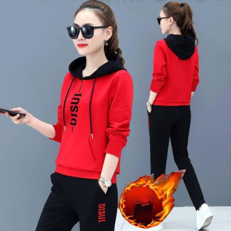 Autumn and Winter Loose Hooded Sweater Two-piece Women's Thickened Hoodie Leisure Sports Suit Plus Velvet Thickened Women