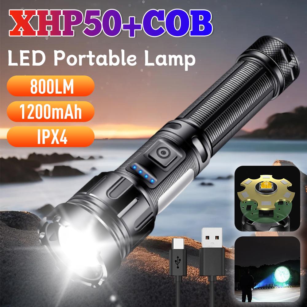 XHP50 800LM COB LED Flashlight 1200mAh Type-C Rechargeable IPX4 Waterproof Emergency Power Bank Camping Fishing Lantern