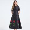 Elegant Round-Neck Short-Sleeve Rose Print Slim Fitted Evening Gown Party Dress for Women