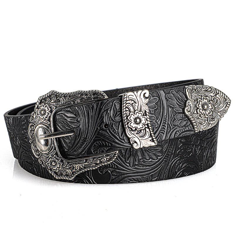 New European and American Style Women's Belt, Vintage Rhinestone Carved Buckle Belt, Trendy Printed Jeans Belt, Unisex