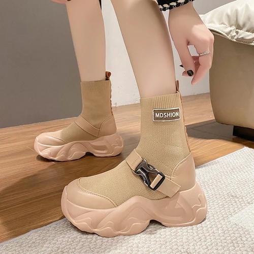 fashion Thick-soled Heightening Marton Boots for Women 2024 Autumn New Platform Casual Elastic Socks High-heeled Mid-calf Short Boots