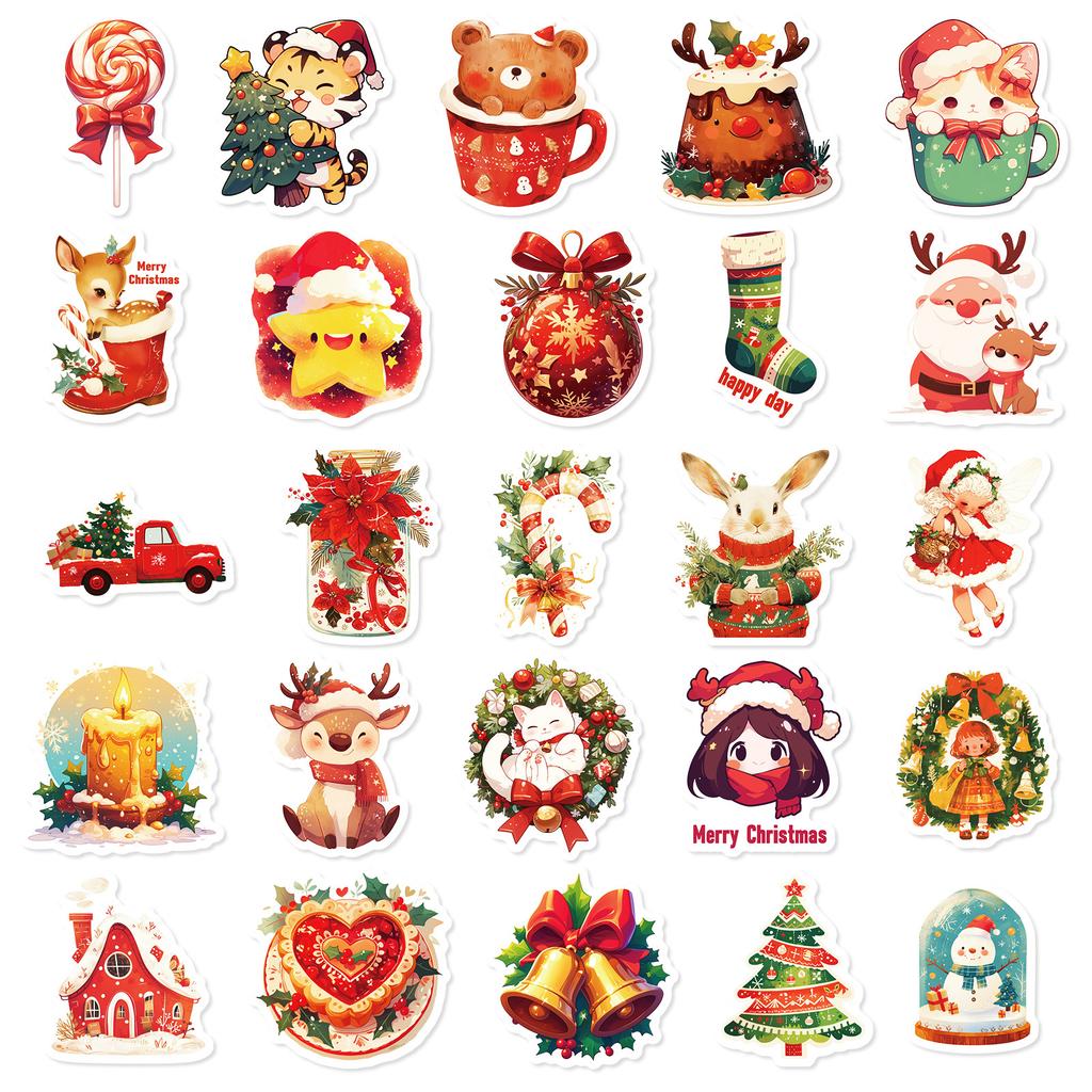 50 Stück Weihnachts-Katzenaufkleber - Kawaii Feiertags-Abziehbilder für Tassen, Tablets, Geschenke