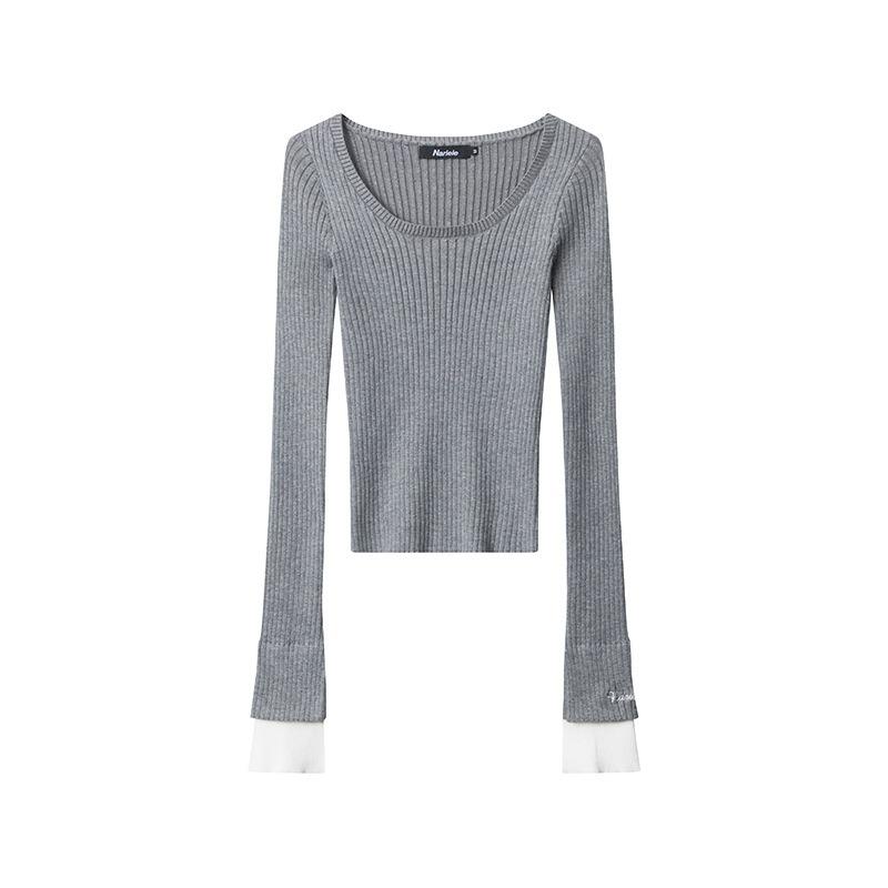 Spring and Summer Women's New Pullover Solid Color Casual Simple Long Sleeve Square Collar Short Slim-fit Sweater