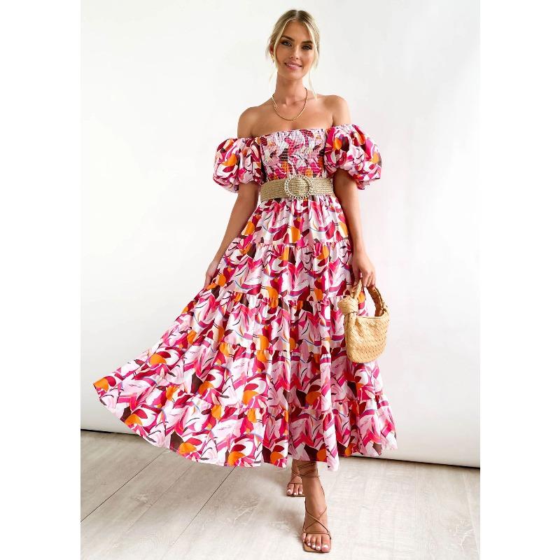Summer New Bubble Sleeve Holiday Skinny Long Dress Spice Girl High Waist Shoulder Printed Dress Women
