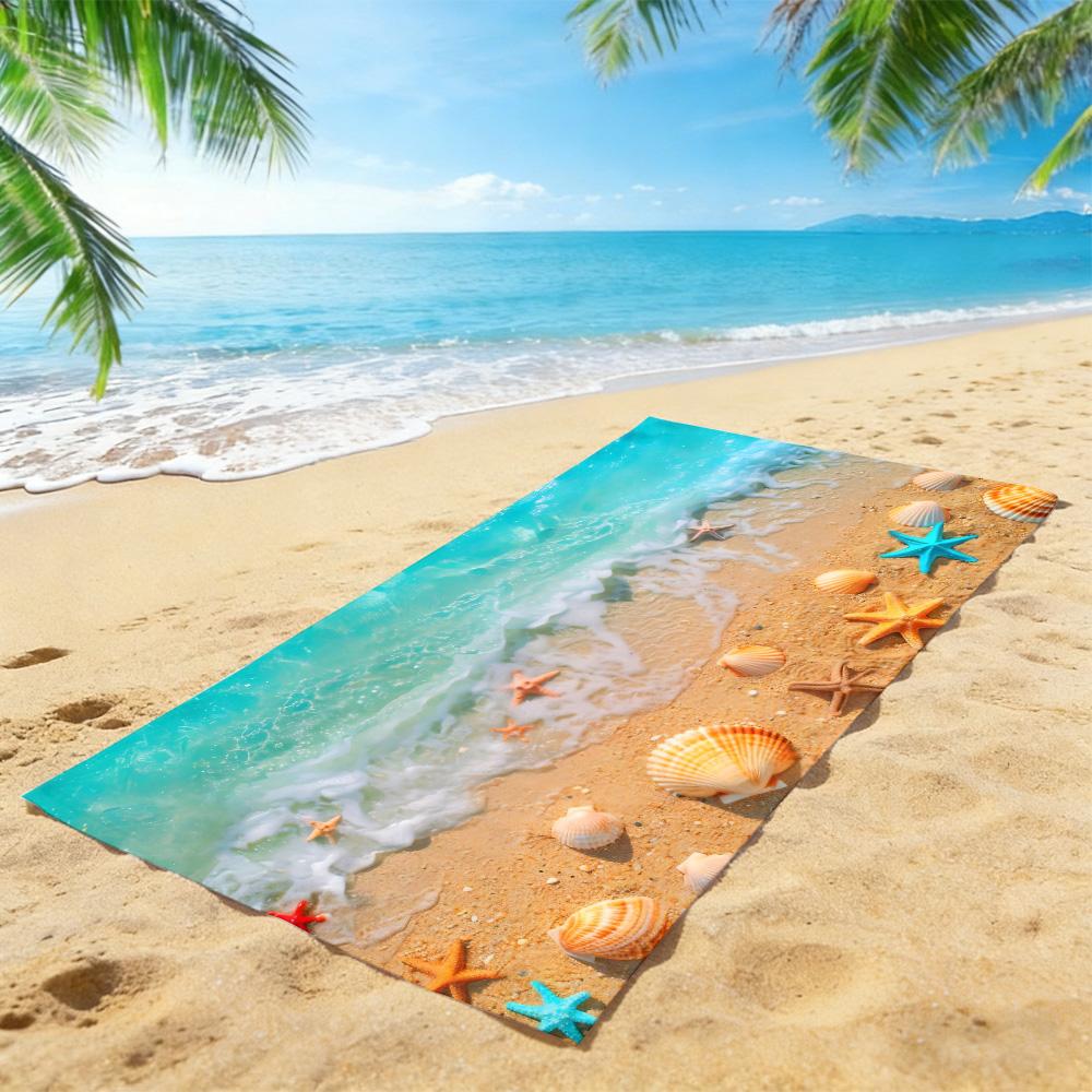 Realistic Beach Scene Beach Towel – Oversized Quick Dry Sand Free with Starfish & Seashell Print