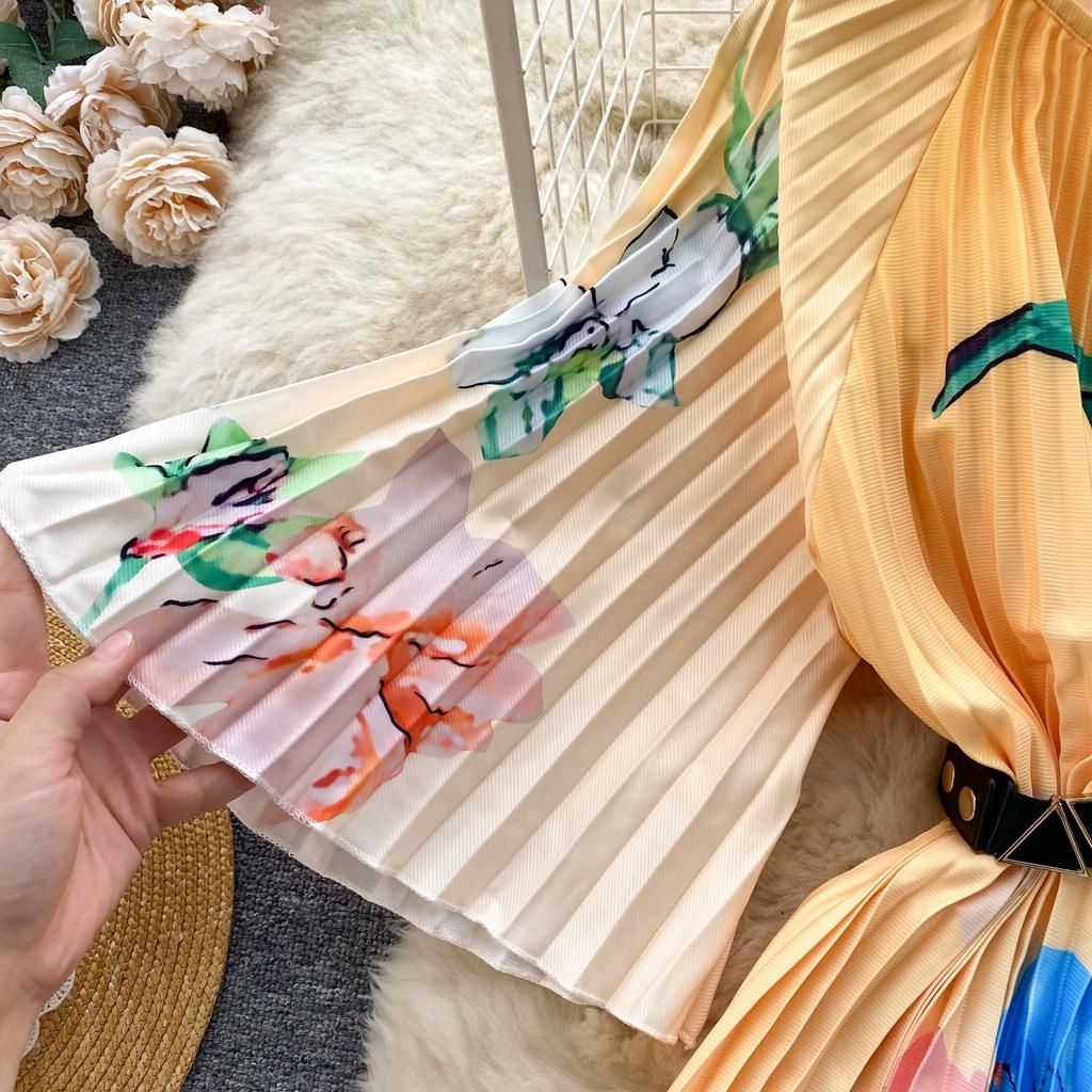 Spring Autumn Women Print Loose Pleated Dress Half Sleeve Oversized Long Maxi Robe