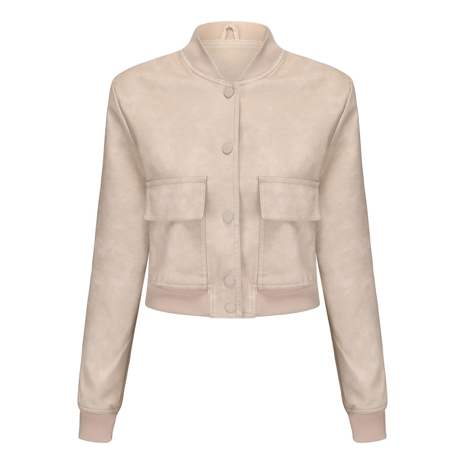 

Женская мода однотонный кардиган повседневная куртка ребристая усадочная кожаная куртка пальто L бежевый