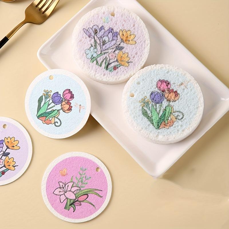 Circular Compressed Wood Pulp Cotton Dishwashing Cloth, Flower Sponge, Dishwashing Brush, Oil-proof Double-sided Cleaning