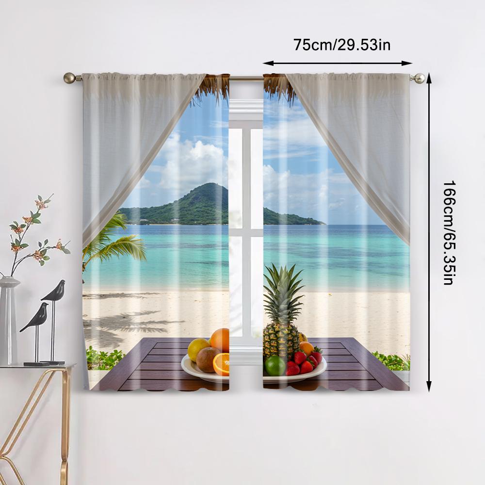 2pc   Curtain tropical beach Versatile 100% Polyester  Without Electricity Holiday Decorations Use for Indoor Celebrations   Room
