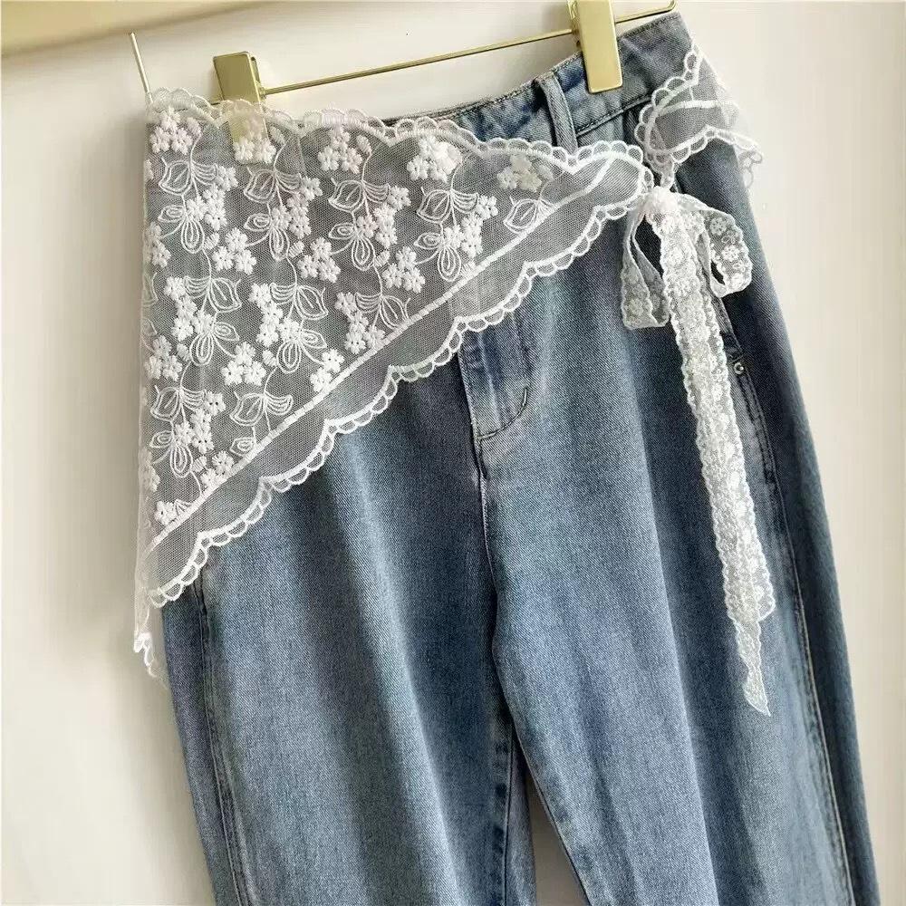 Korean Lace Embroidered Waistband Tulle Skirt with Layered Scarf Accessory