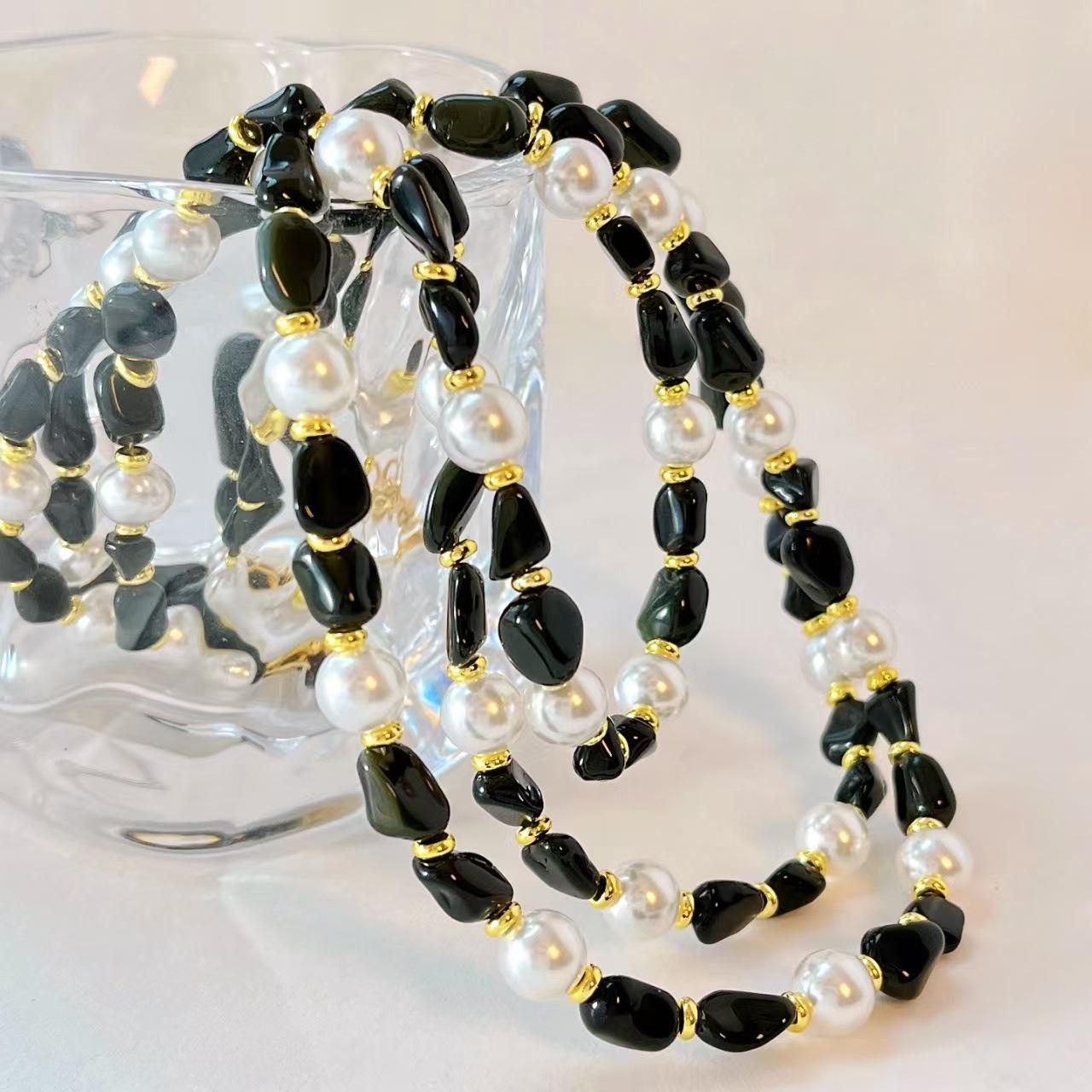 

Vintage Design Natural Black Agate Artificial Crystal Pearl Collarbone Chain Necklace