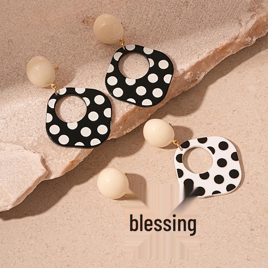 Elegant Retro Black & White Polka Dot Square Earrings - Geometric Silver Pin Design