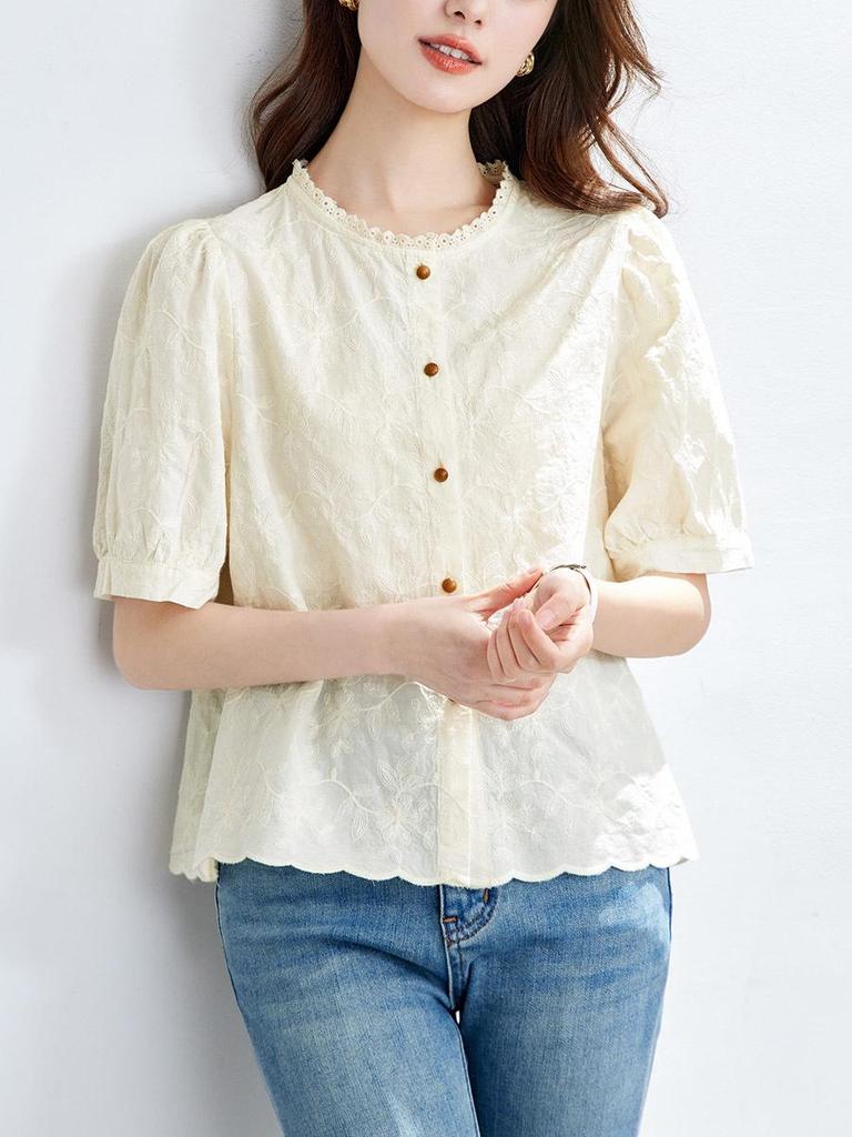 Women's Pure Cotton Lace Floral Round Neck Shirt with Five-Point Sleeves, 2026 Summer Collection.