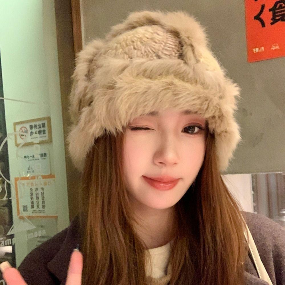 Faux Rabbit Fur Earflap Bucket Hat Fluffy Winter Windproof Hat Warm Fisherman Knitted Hat Girls