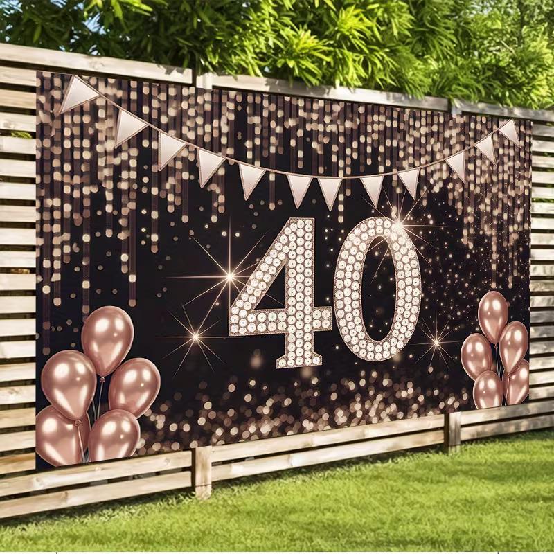 2D Black Rose Gold 40th Birthday Backdrop Diamond Number Photo Booth Prop