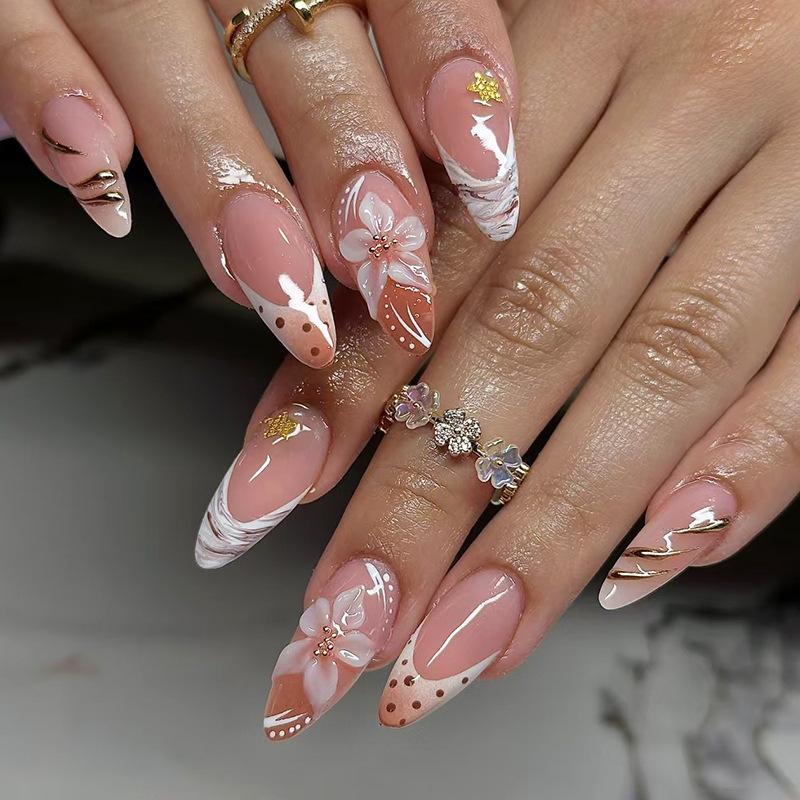 24pcs Summer Fashion Press On Nails Fruit Pink Strawberry Almond False Nails Art Cherry Bow Design Stick On Fake Nail Tips Sets