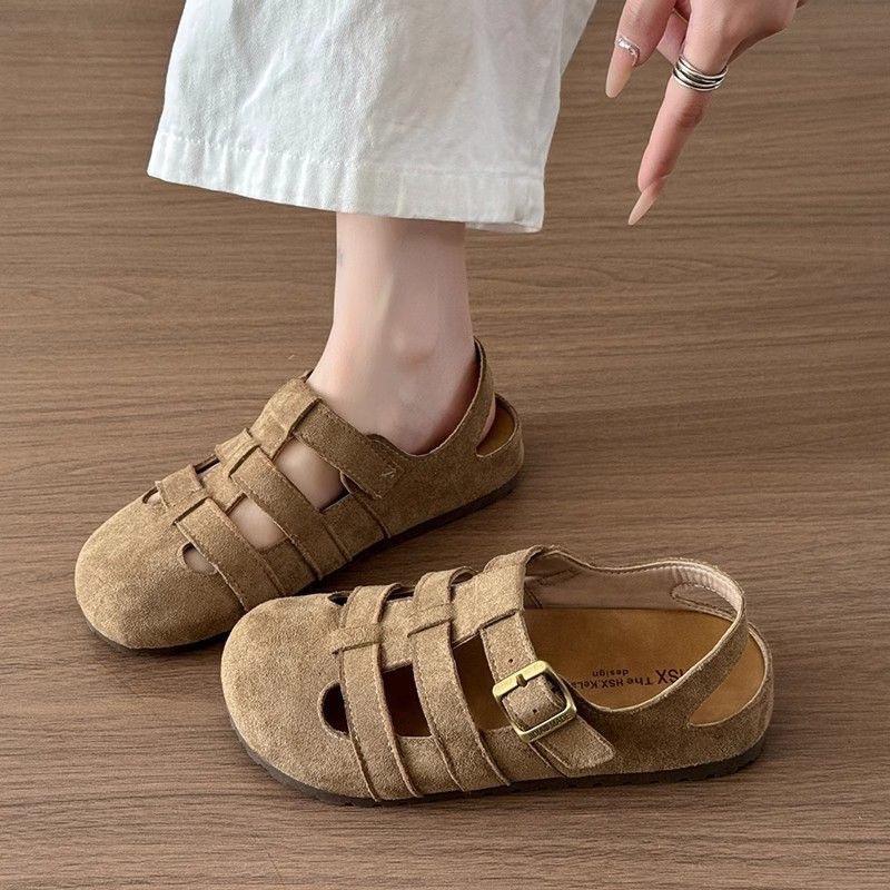 Spring new frosted leather bag head half slippers inner height increase woven round head flat bottom sandals lazy slippers size 35 хаки