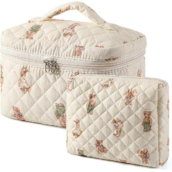 

2 шт. стеганый хлопковый косметический органайзер, кокетливая цветочная стеганая косметичка для женщин и девушек, эстетичные дорожные органайзеры для косметики(02Медведь 02Bear Pattern