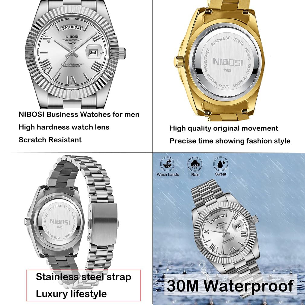 NIBOSI Men's Stylish Stainless Steel Wristwatch with Waterproof Analog Display and Metal Band, Date Display, Classic Design, Silver, Perfect for