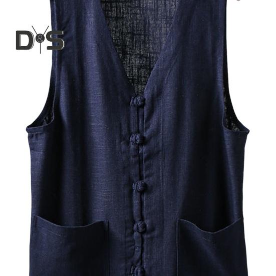 Men Summer Vest Single-breasted Retro Chinese Style Knot Buttons Loose Sleeveless V Neck Patch Pockets Pure Color Casual Top