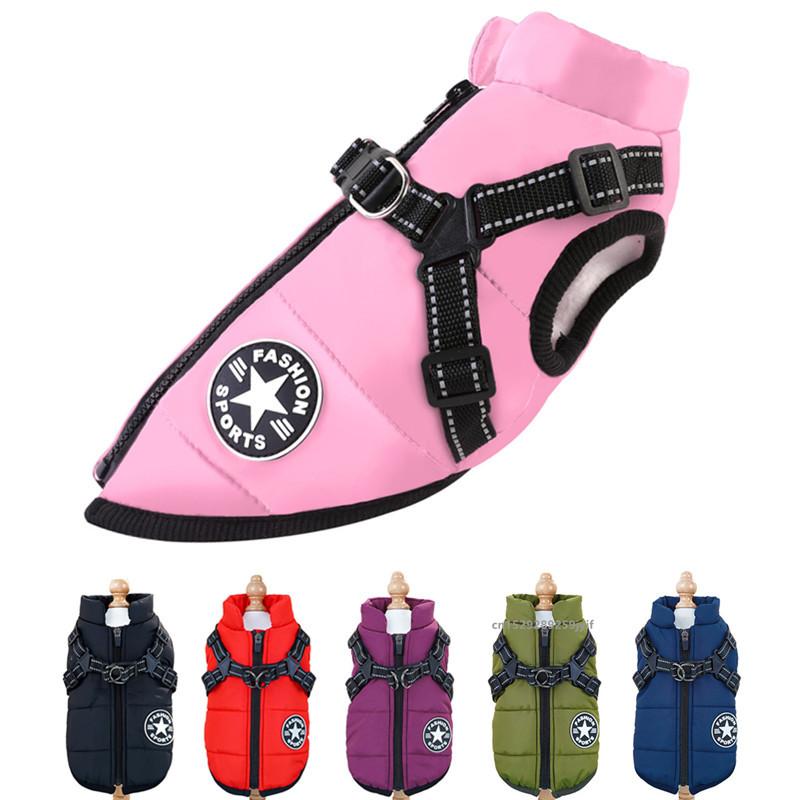 Pet Dog Jacket With Harness Winter Warm Dog Clothes For Labrador Waterproof Dog Coat Chihuahua French Bulldog Vest Outfits