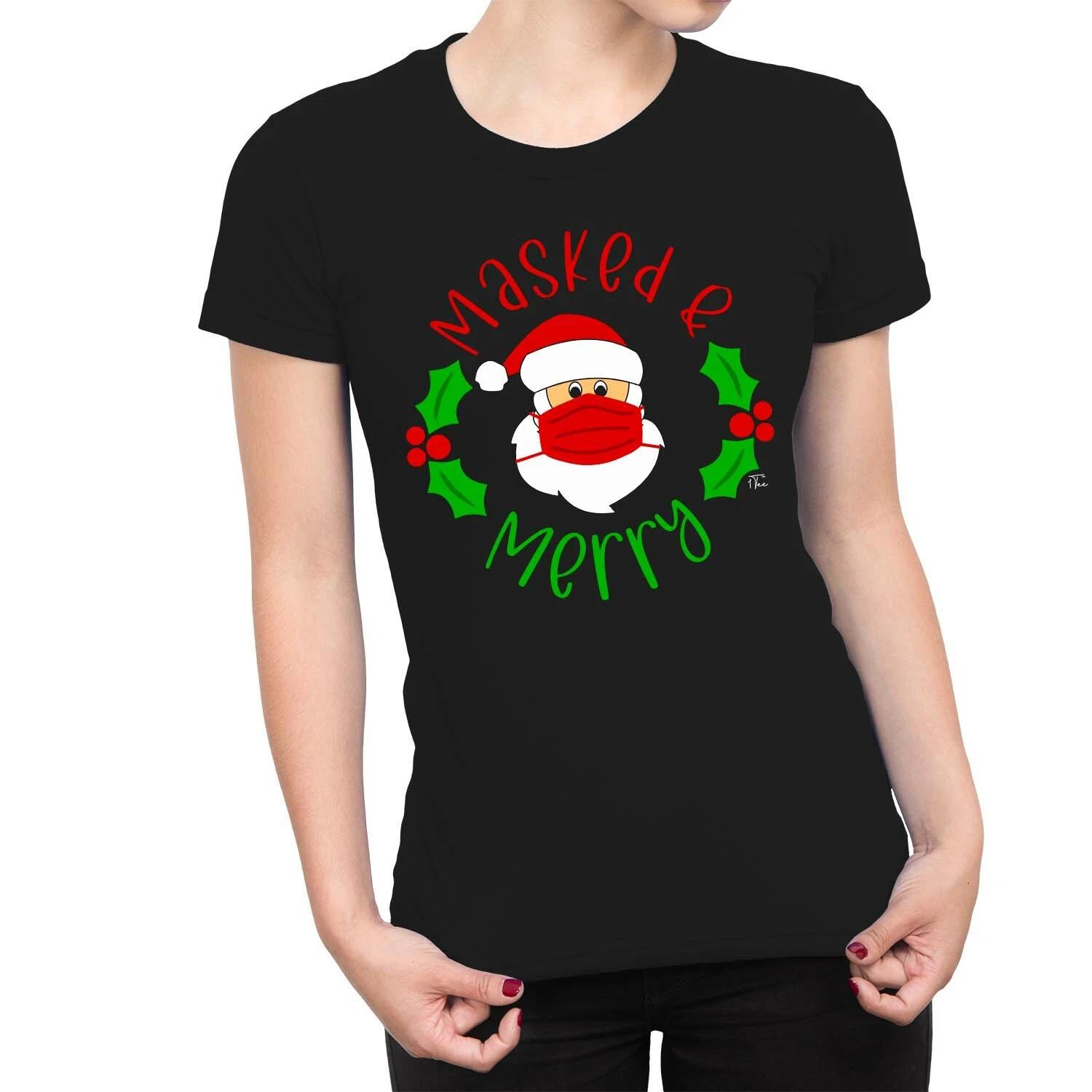1Tee Womens Masked & Merry Christmas T-Shirt XS