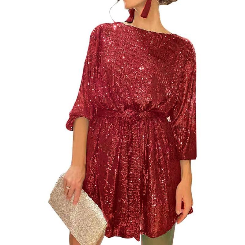 Women Sequins Round Neck Long Sleeve Casual Commute Bodycon Mini Dress