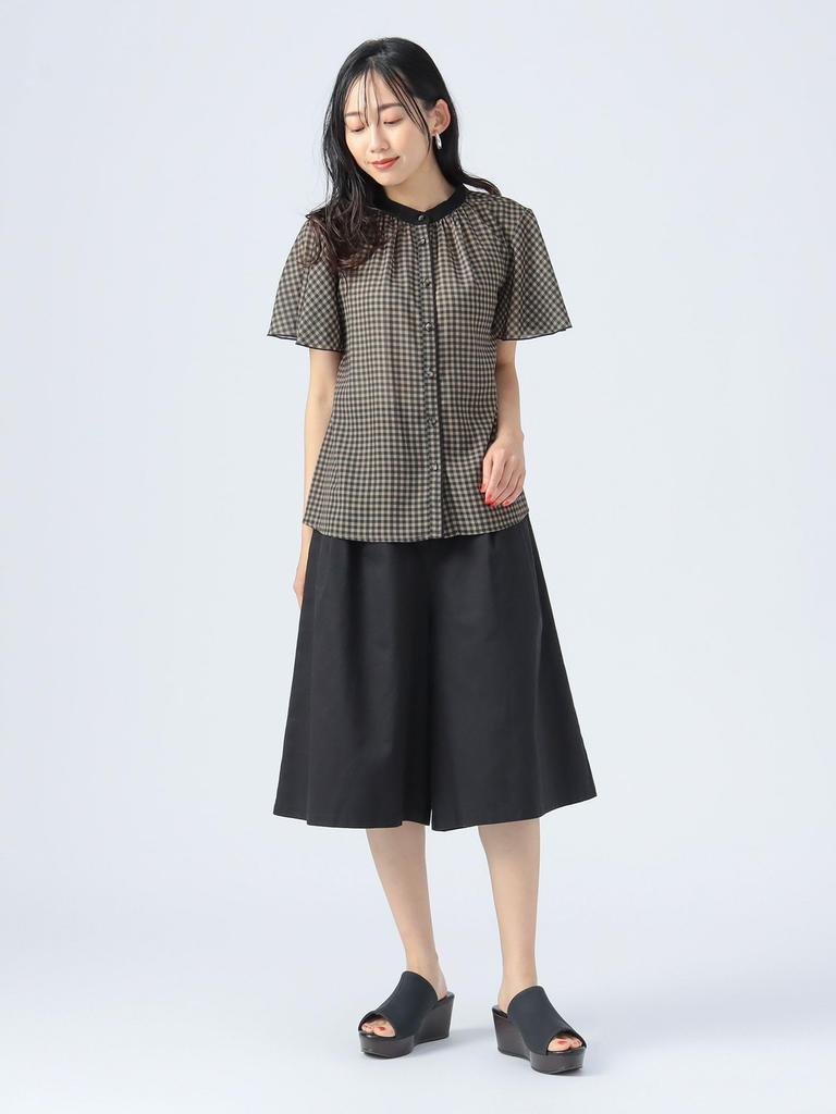 Beams Heart Cleric Blouse with Mellow Free Size Women's S/S Sleeves, Brown.Gingham,
