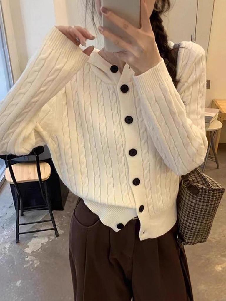 Korean Hooded Cable Knit Cardigan for Women - 2025 Autumn Collection, Button Sweater Coat, Versatile and Stylish.