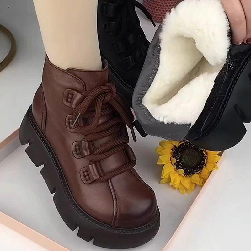 Womens Snow Boots 2025 Winter New Platform Cotton Shoe Retro Black/Brown Round Toe Lace-up Zipper Modern Motorcycle Boot
