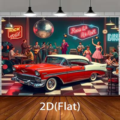 2D Retro Rock N Roll Diner Backdrop for 50s Themed Birthday Party Photoshoot
