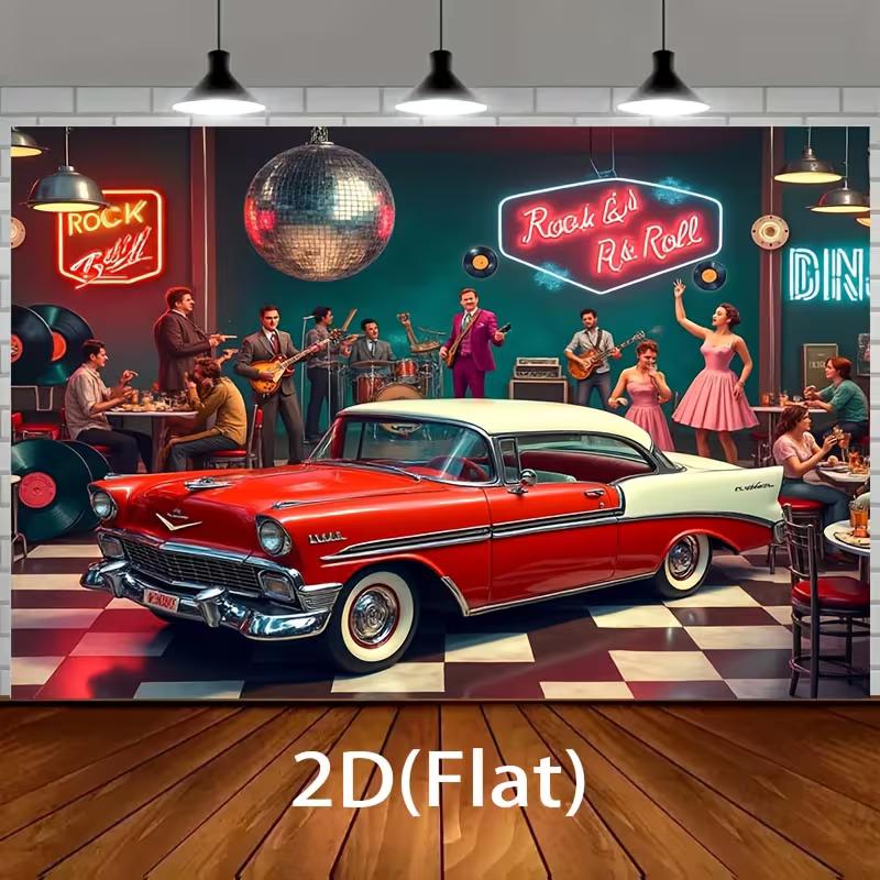 2D Retro Rock N Roll Diner Backdrop for 50s Themed Birthday Party Photoshoot