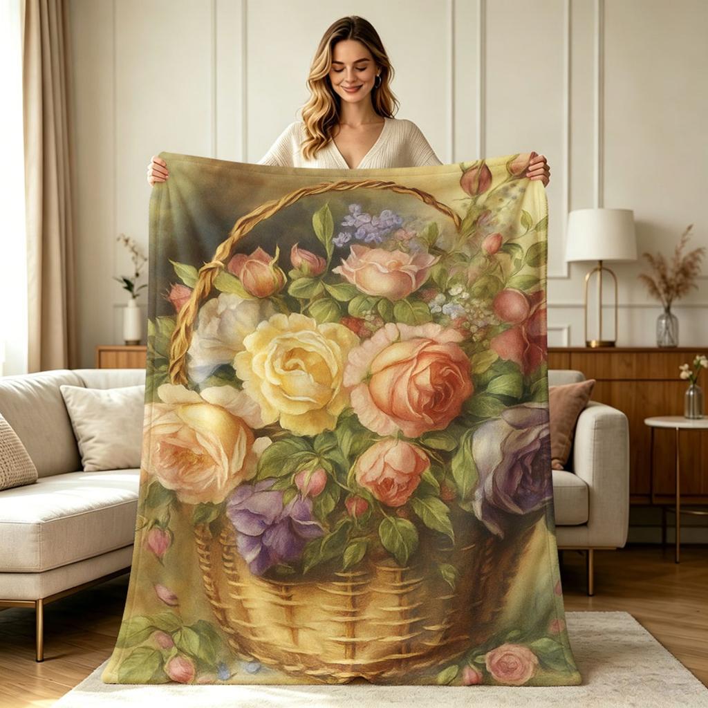 Soft Warm Flannel Throw Blanket with Vintage Flower Basket Rose Floral Print All Season Cozy Blanket for Sofa Couch Bedroom Living Room Office Home De