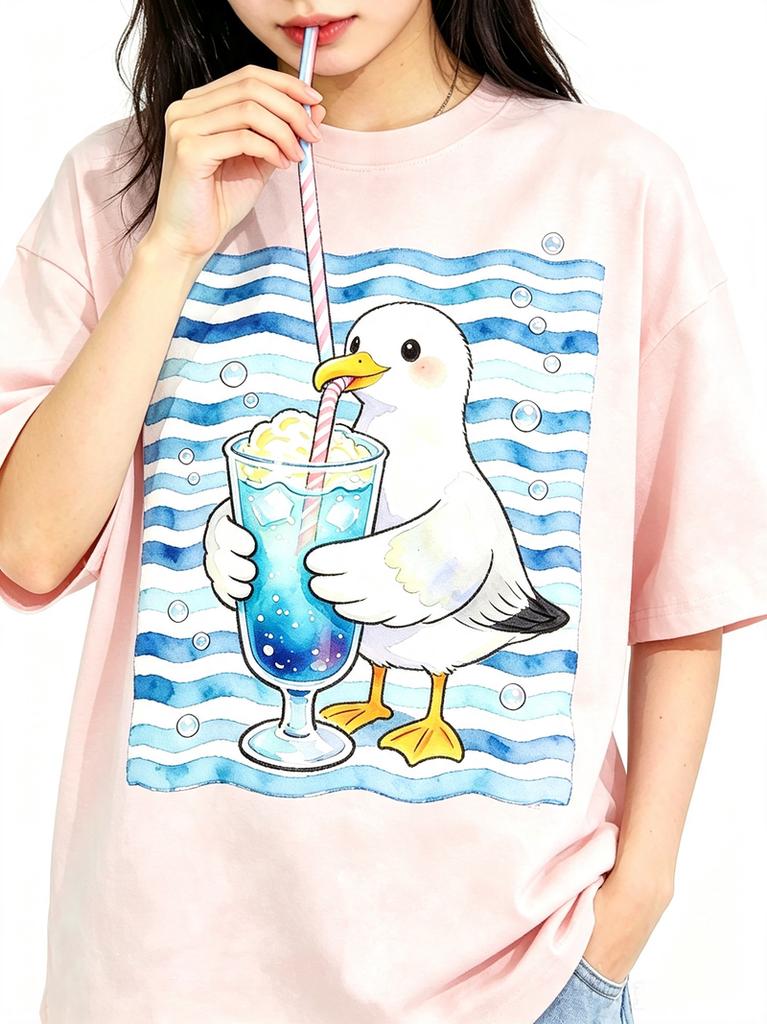 Blue Wave Stripe Seagull Soda Drink Pattern Unisex Oversized TShirt Cotton Casual Summer Short Sleeve Tee Y2K Beach Streetwear