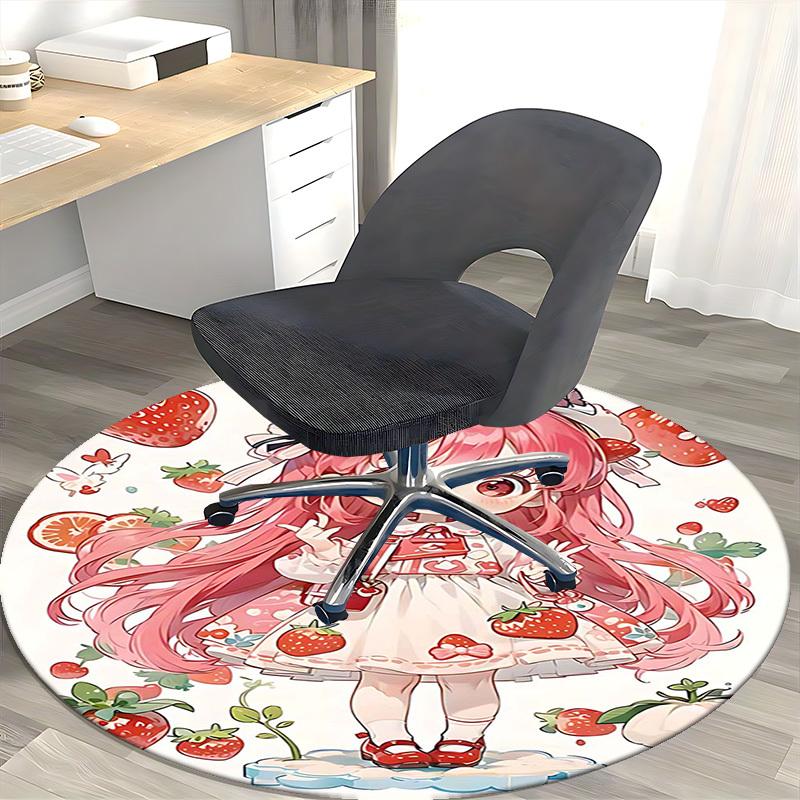 1pc Strawberry Anime Girl Round Carpet Office Chair Mat, Non Slip Rug for Home Decor, Gift, Office, Living Room, Bedroom