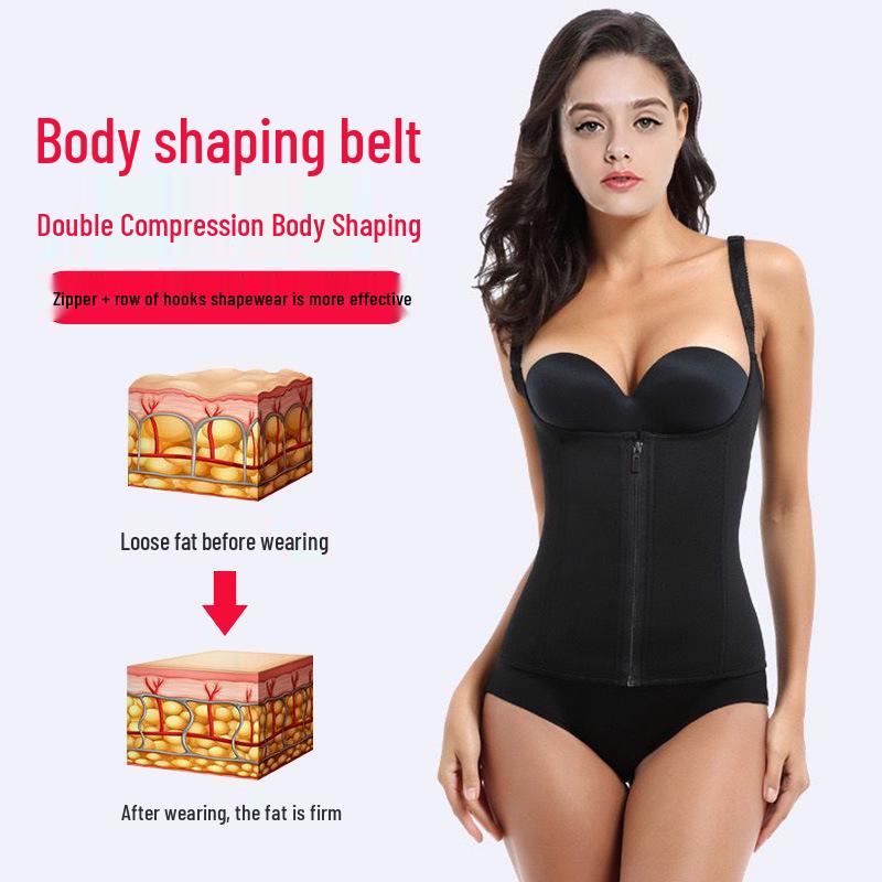 Three-Row Hook Zipper Bodysuit with Tummy Control Belt, Waist Cincher, and Bust Support for Women's Slimming and Sweat-Inducing Shaping.