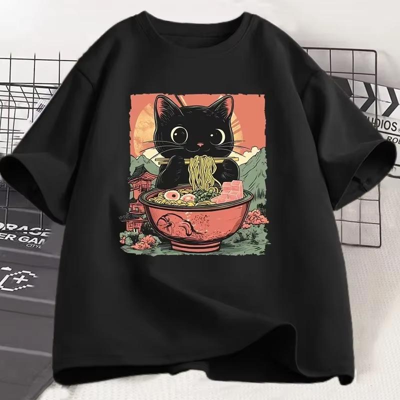 Cute Black Cat Eating RaUnisex Print Tshirt Womens Harajuku Short Sleeve Casual Unisex and Women Tshirt Tops Aesthetic Clothes M