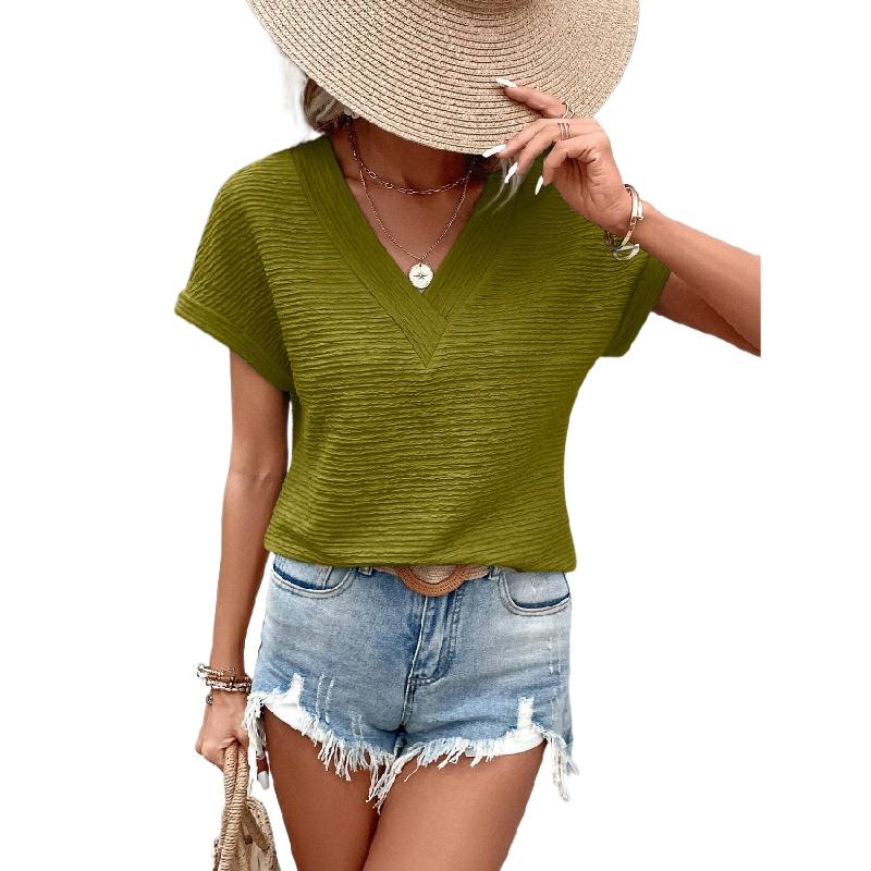 Womens Tops Summer Textured Short Sleeve V Neck T Shirts Loose Fit Fashion 2024