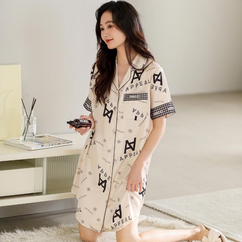 Pajamas Women's Summer Ice Silk Short Sleeve Pajamas Mom 1011 New Summer Thin Simulation Silk High-end Dress