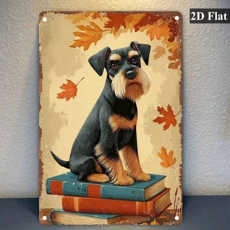Vintage Metal Sign Miniature Schnauzer on Books Decor for Home Bar Garage