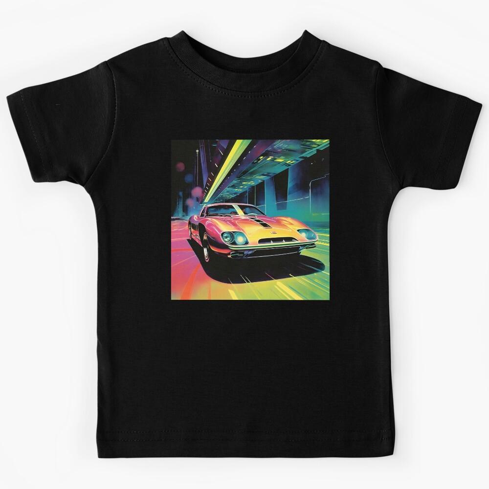 Retro Futuristic Pink Sports Car and Track with Overpass Kids T-Shirt 110
