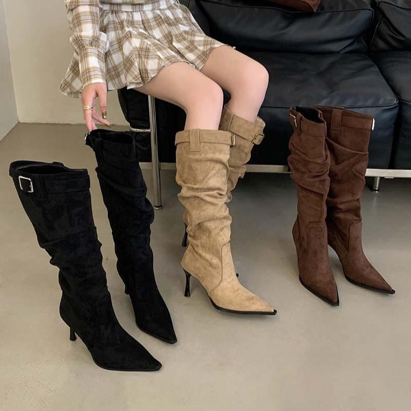 Sexy pointed suede pleated piled boots women's high heel fashion belt buckle tall thin boots thin heel European and American boots