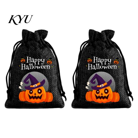 Lightweight Candy Carriers 2Pcs Halloween Pumpkin Drawstring Bags for Treats, Retro Burlap Pattern Party Favors Trick or Treat Bags, Portable