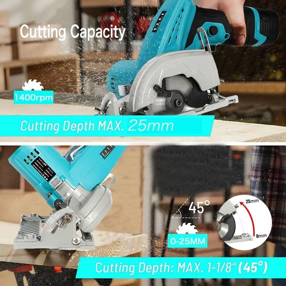 1200rpm 3 Inch 27mm Brushless Electric Circular Saw Adjustable Woodworking Power Tool Depth Portable Wood Board Cutting Machine