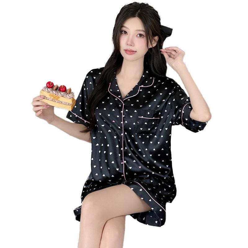 Ice Silk Pajamas Women'S Summer Black Love Pure Desire Short-Sleeved Loungewear Can Be Worn Outside Fashion Suit