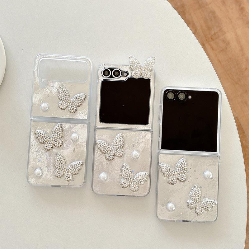 Pearl Love Bow Tie Butterfly Phone Case for Samsung Zflip 6 Flip Fold Flip 7 Fashion W24flip