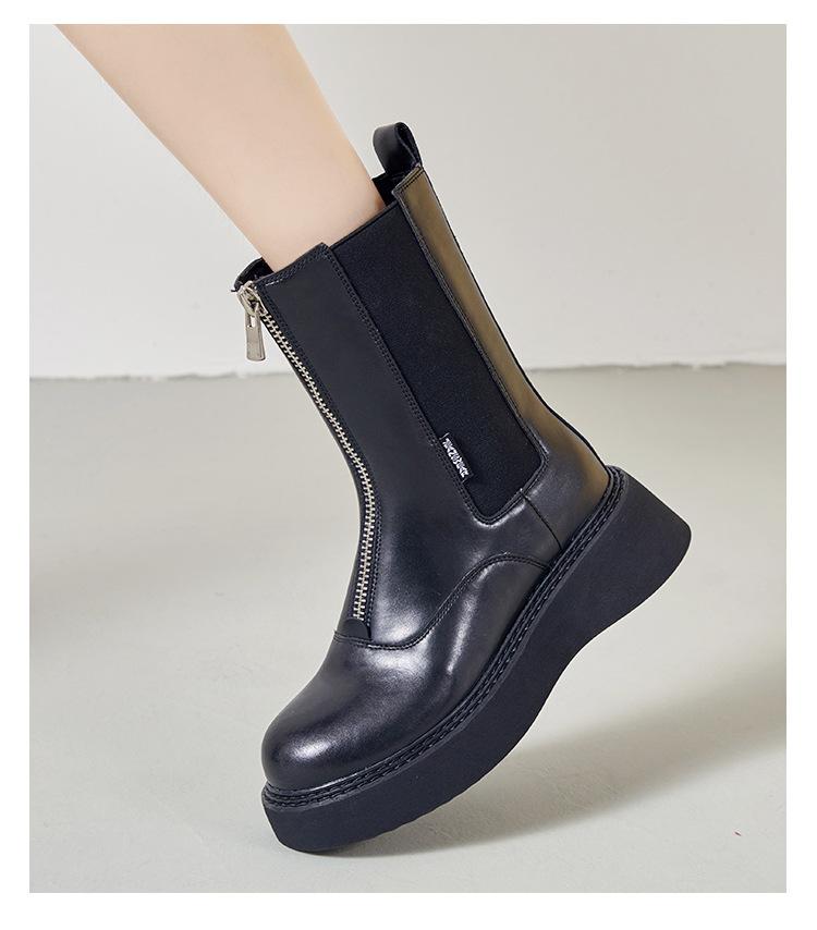 Genuine Leather Women Boots Woman Shoe Fashion Female Breathable Cowhide Bootie Front Zipper Light Black Boots