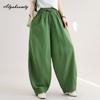 Koreanische Mode Herbst Frühling Damen Basic Hose Hoher Bund Kordelzug Lässig Locker Baggy Hose Einfach Grün Baumwolle Damenhose